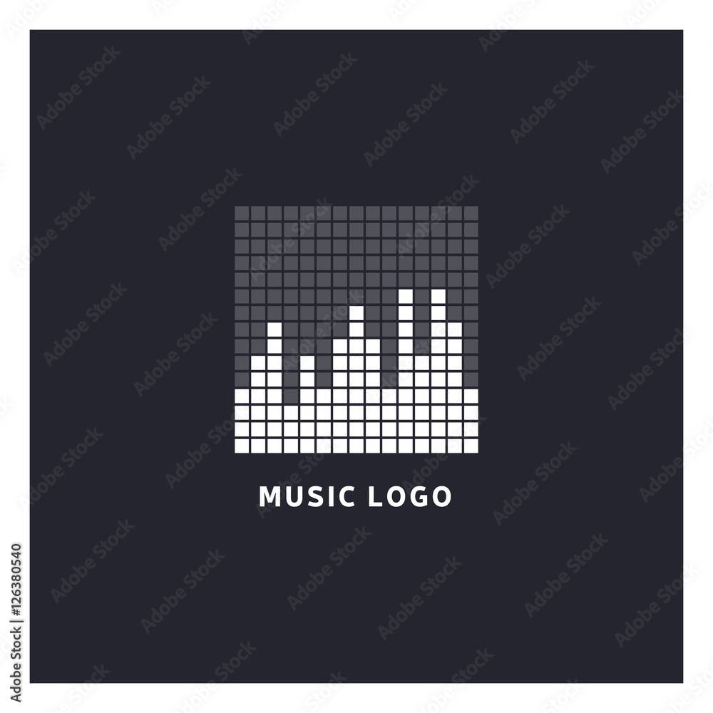 Music equalizer logo. Audio electronic icon. Music waves sign. Dj vector illustration. Black and white radio logo. Music app icon. Minimal player logo on dark background. Music equalizer logo. Audio electronic icon. Music waves sign. Dj vector illustration. Black and white radio logo. Music app icon. Minimal player logo on dark background.
