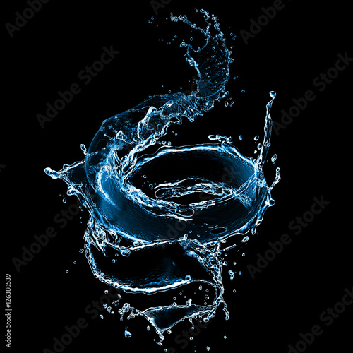 Spiral Water Splash on Black Background . Dynamic Liquid Motion Effect. High speed spiral shaped water splash on black background.