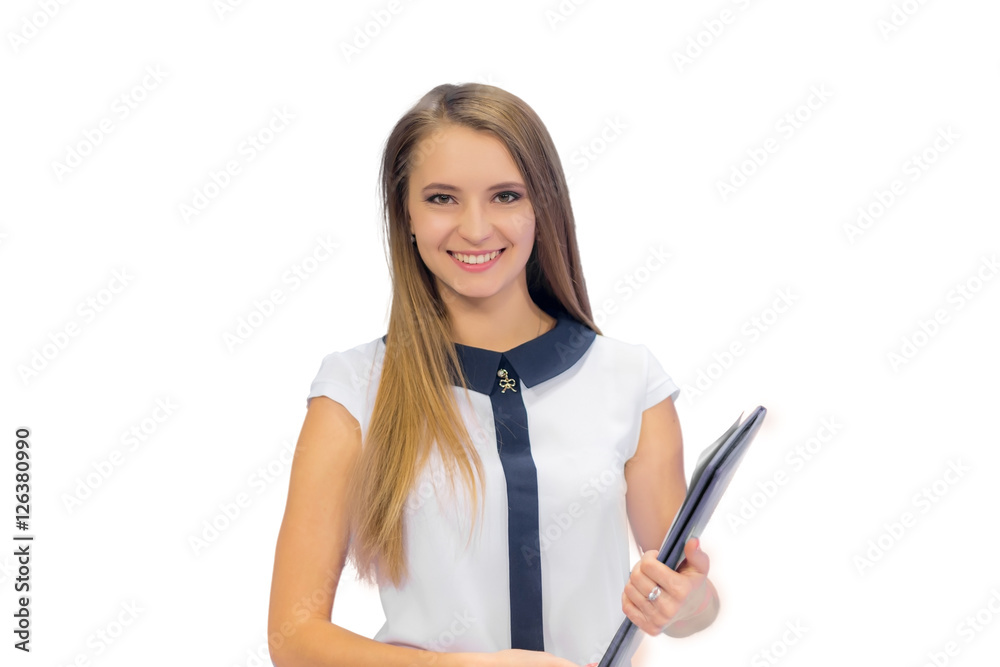 Business woman portrait. A with folder in hands on white background Business woman portrait. A with folder in hands on white background