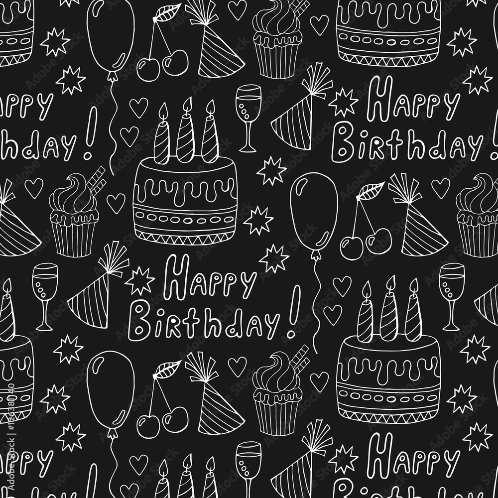 Birthday doodles pattern on black background