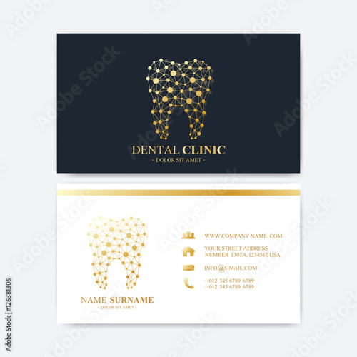 Premium Business Card Print Template. Visiting Dental Clinic Card with Tooth Logo. Dentist Office Oral Care. Dental Implants. Medical Design Golden Tooth Logo.