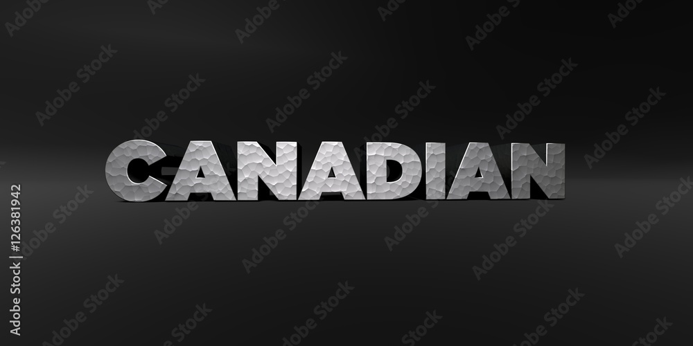 CANADIAN - hammered metal finish text on black studio - 3D rendered royalty free stock photo. This image can be used for an online website banner ad or a print postcard.