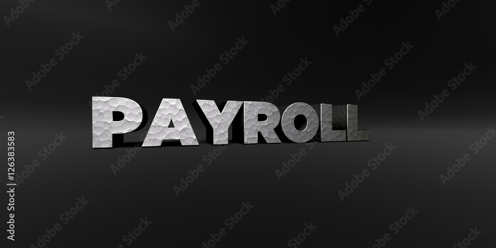 PAYROLL - hammered metal finish text on black studio - 3D rendered royalty free stock photo. This image can be used for an online website banner ad or a print postcard.