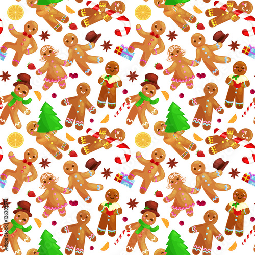 Seamless pattern christmas cookies gingerbread man and girl decorated with icing dancing and having fun in a cap with the Christmas tree and gifts  xmas sweet food vector illustration