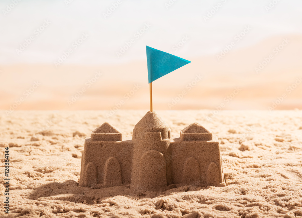Sand castle with flag on the sea shore.