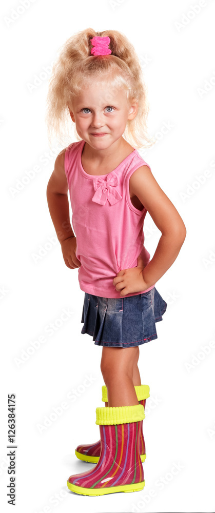 Impish little blond girl in blouse, skirt, rubber boots isolated. Impish little blond girl in blouse, skirt, rubber boots isolated.