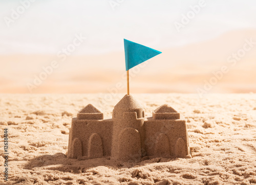 Sand castle with flag on the sea shore.