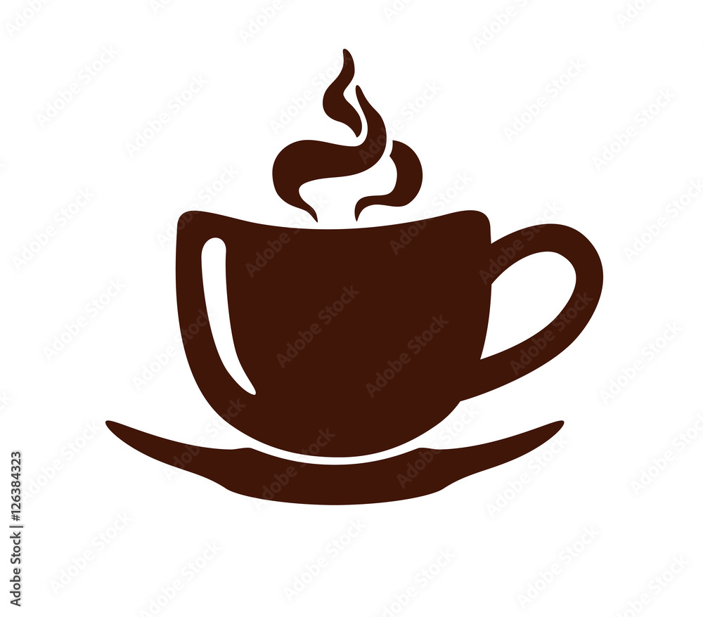 Obraz premium Stylized image of a cup of coffee with steam and saucer. Sign. Template of logotype. Coffee logo. Icon. Vector illustration.