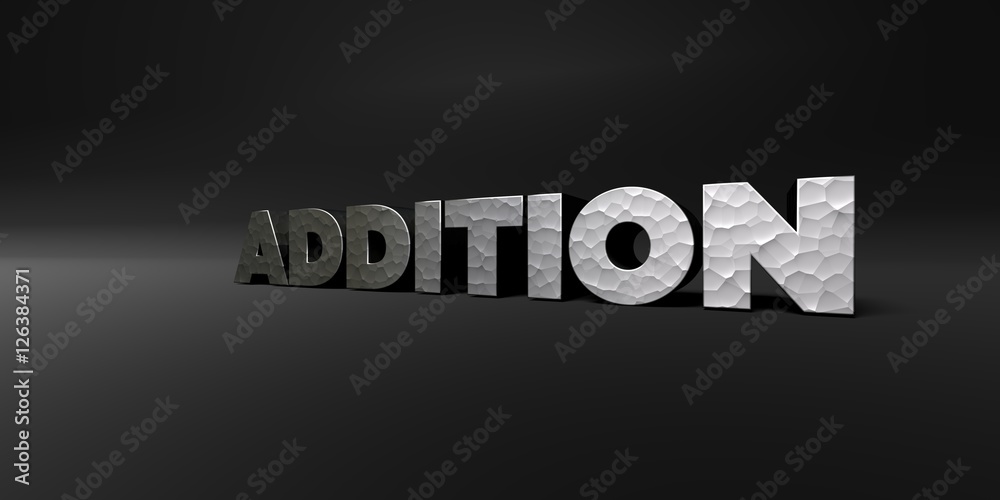 ADDITION - hammered metal finish text on black studio - 3D rendered royalty free stock photo. This image can be used for an online website banner ad or a print postcard.