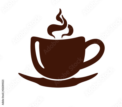Stylized image of a cup of coffee with steam and saucer. Sign. Template of logotype. Coffee logo. Icon. Vector illustration.