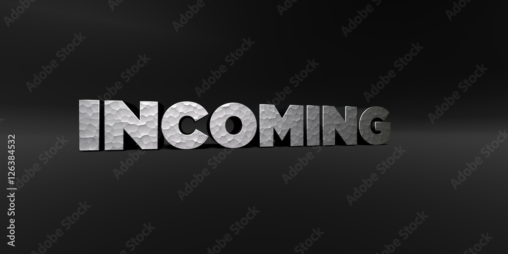 INCOMING - hammered metal finish text on black studio - 3D rendered royalty free stock photo. This image can be used for an online website banner ad or a print postcard. INCOMING - hammered metal finish text on black studio - 3D rendered royalty free stock photo. This image can be used for an online website banner ad or a print postcard.