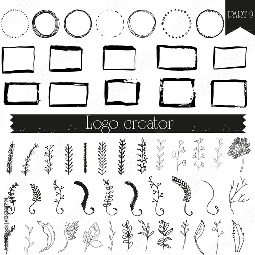 Vintage, hipster handdrawn logo elements with hand drawn circles. Design your own vintage logo. Retro logotype templates.