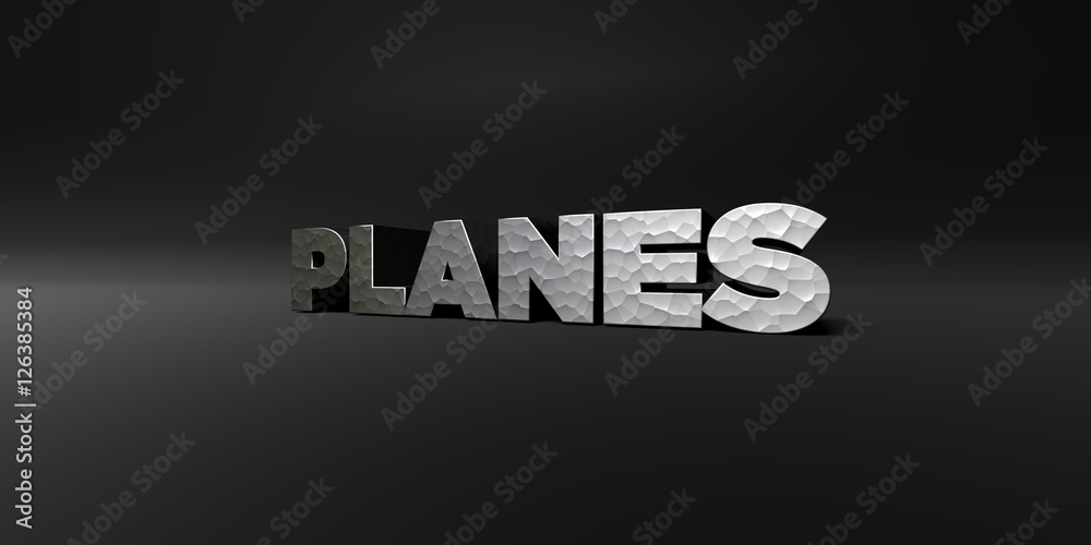 PLANES - hammered metal finish text on black studio - 3D rendered royalty free stock photo. This image can be used for an online website banner ad or a print postcard.