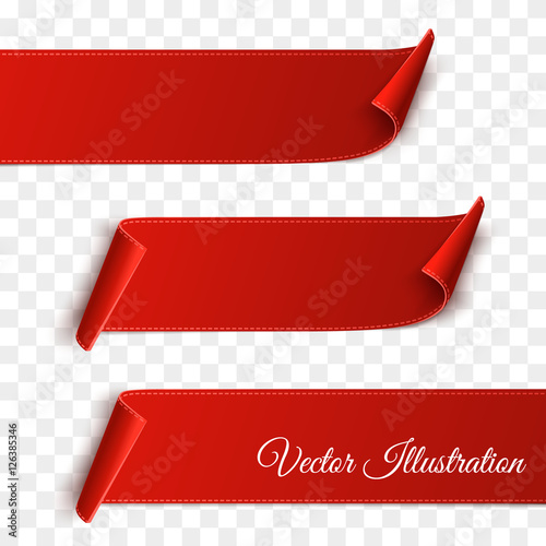 Set of red curved paper blank banners isolated on transparent background. Vector