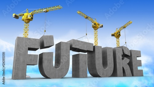 3d illustration of cranes building future word over sky background photo