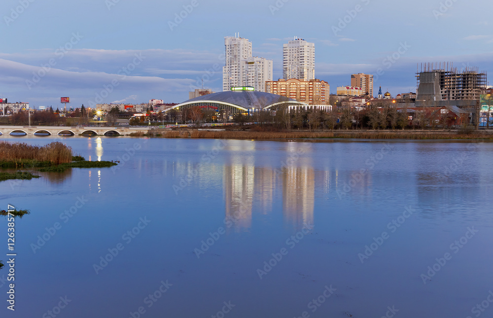 A view of the river and buildings in the city centre of Chelyabinsk.Russia.