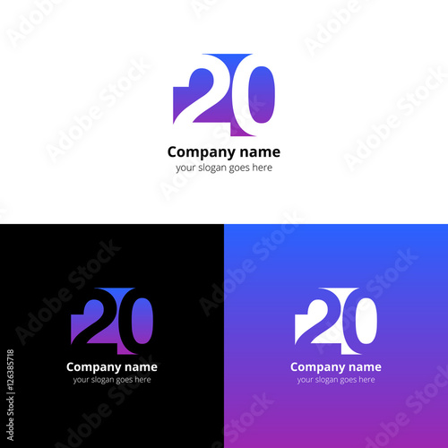 20 logo icon flat and vector design template. Monogram years numbers two and zero. Logotype twenty with purple-blue gradient color. Creative vision concept logo, elements, sign, symbol for card, brand
