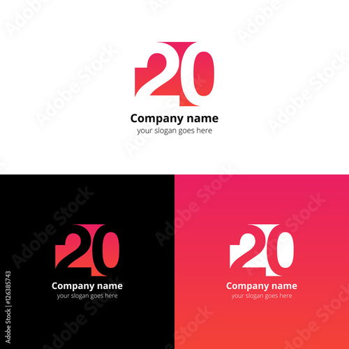 20 logo icon flat and vector design template. Monogram years numbers two and zero. Logotype twenty with red-pink gradient color. Creative vision concept logo, elements, sign, symbol for card, brand.