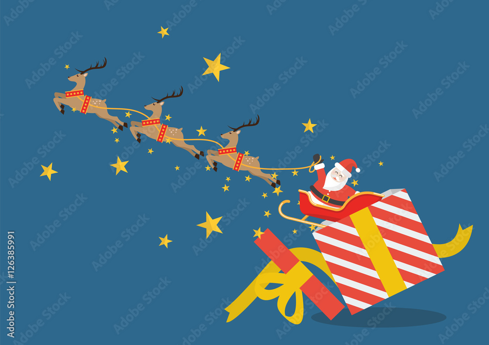 Santa claus with reindeer sleigh flying out of the gift box