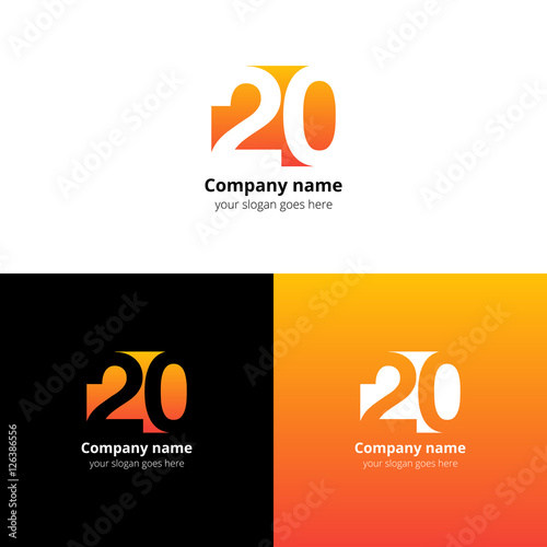 20 logo icon flat and vector design template. Monogram years numbers two and zero. Logotype twenty with orange gradient color. Creative vision concept logo, elements, sign, symbol for card, brand.