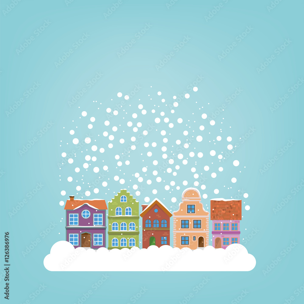 Snow falling on winter village seasonal greetings template