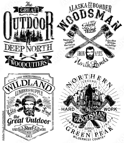 Grunge great outdoor lumberjack and woodsman vector artworks for t shirt, poster, label and others.