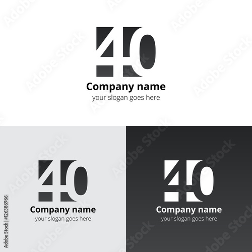 40 logo icon flat and vector design template. Monogram years numbers four and zero. Logotype forty with grey-black gradient. Creative vision concept logo, elements, sign, symbol for card,
