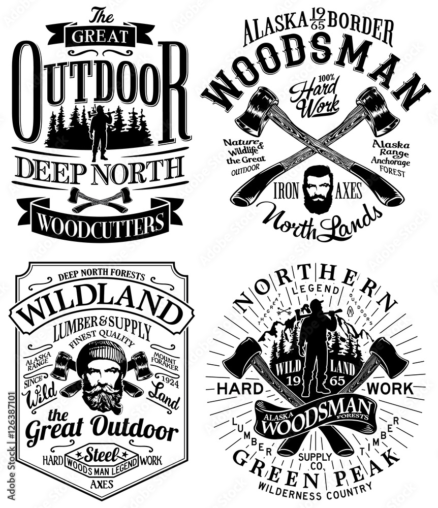 Fototapeta premium Black and white lumberjack and woodsman vector artworks for t shirt, poster, label and others.