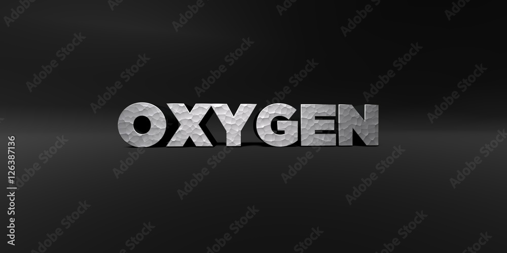 OXYGEN - hammered metal finish text on black studio - 3D rendered royalty free stock photo. This image can be used for an online website banner ad or a print postcard.