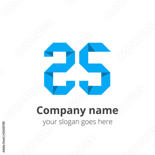 Number twenty five origami vector flat design style for logo or icon template with blue color and shadow. Isolated symbol two and five on white background.