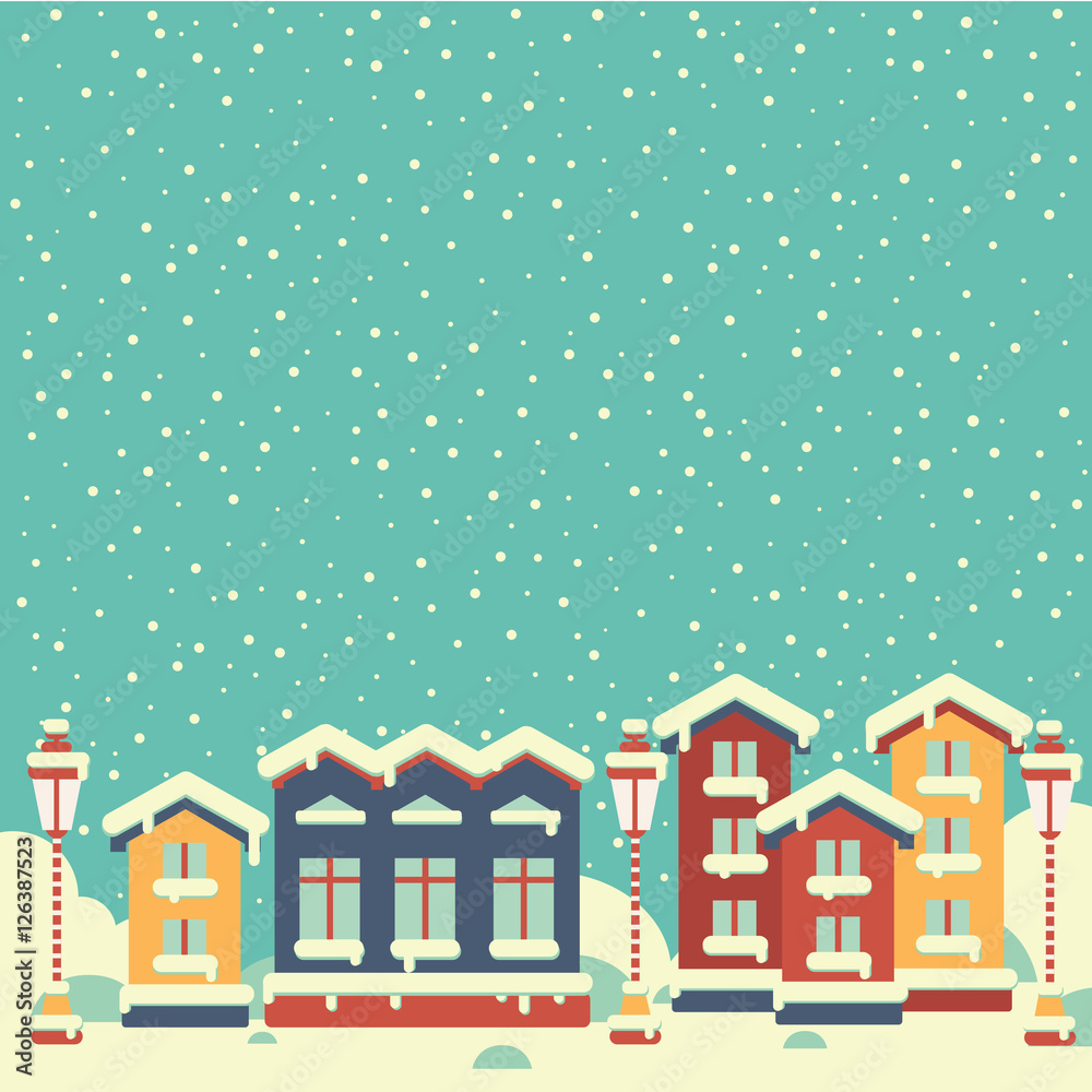 Christmas background with houses in flat style. Layout for greeting card. Winter town. Happy New Year and Merry Christmas