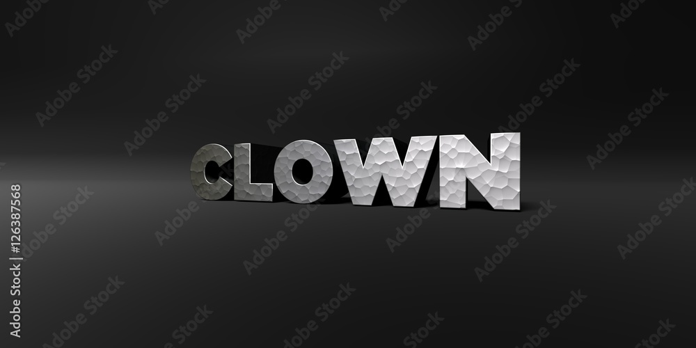 CLOWN - hammered metal finish text on black studio - 3D rendered royalty free stock photo. This image can be used for an online website banner ad or a print postcard.