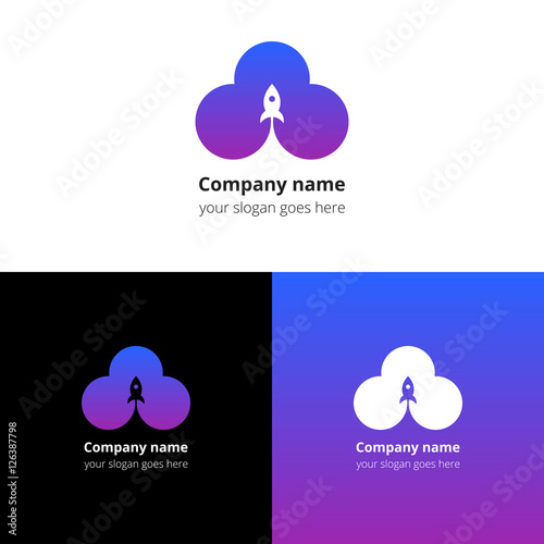 Rocket in space cloud motion start logo, icon, sign, emblem vector template. Abstract symbol and button with pink-blue-violet color trend gradient for service or company on white background.