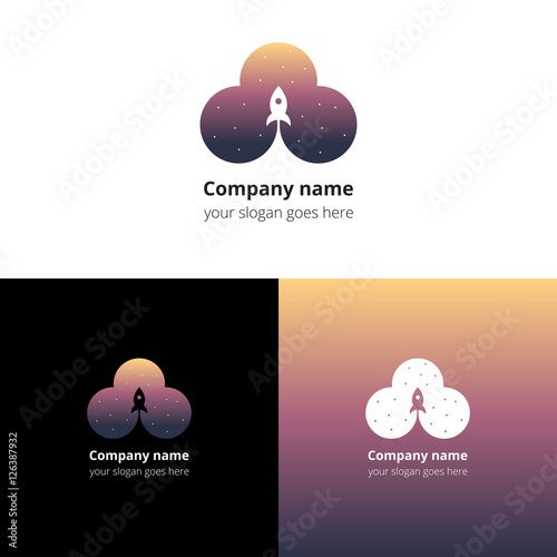 Rocket in space cloud with star motion start logo, icon, sign, emblem vector template. Abstract symbol and button with yellow-pink-blue color trend gradient for service or company on white background.