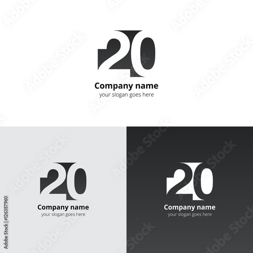 20 logo icon flat and vector design template. Monogram years numbers one and zero. Logotype twenty with grey gradient color. Creative vision concept logo, elements, sign, symbol for card, brand.