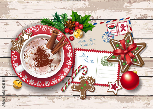 Christmas card with Letter to Santa, lights and big cup of hot chocolate. Wooden background