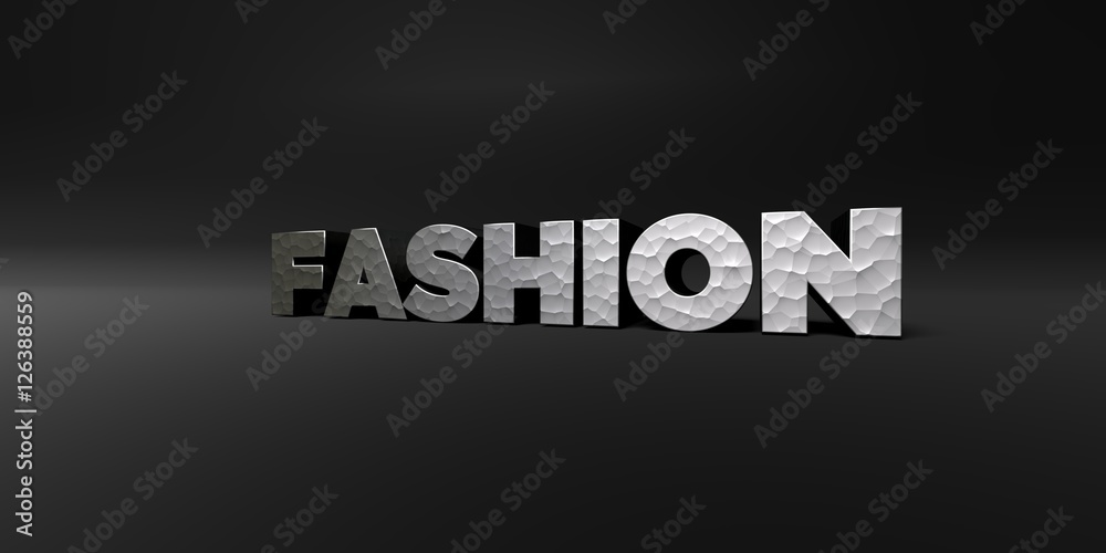 FASHION - hammered metal finish text on black studio - 3D rendered royalty free stock photo. This image can be used for an online website banner ad or a print postcard.