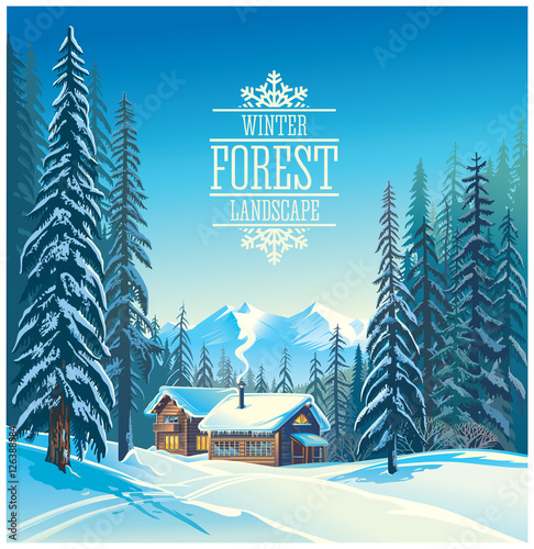 Winter forest landscape and the houses, possible shelter for tourists, tourist base.