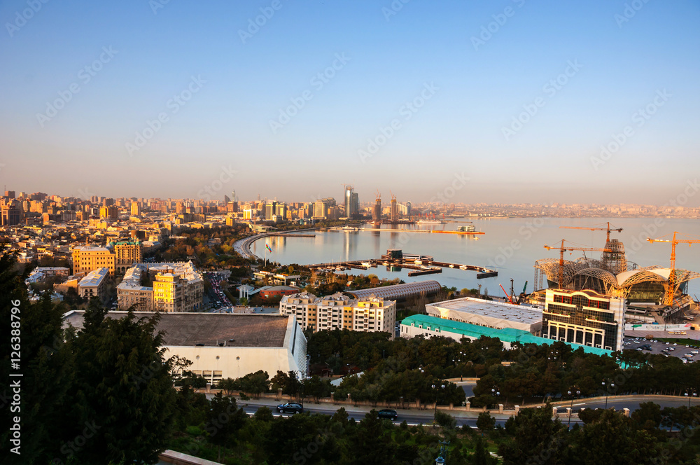 Aerial view of Baku, Azerbaijan in the evening
