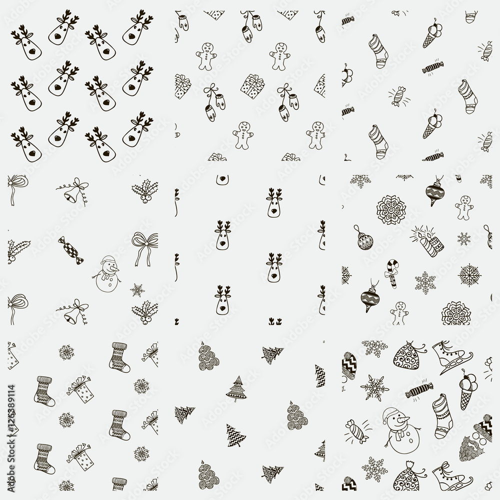 Fototapeta premium Christmas Doodles Seamless Background Set