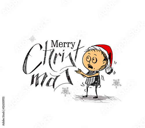 Merry Christmas! Cartoon Style Hand Sketchy drawing of a Little funny Baby Santa background, vector illustration