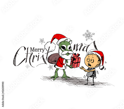 Merry Christmas! Cartoon Style Hand Sketchy drawing of a Little funny Baby Santa with Green Monster Santa holding gift pack, Vector illustration
