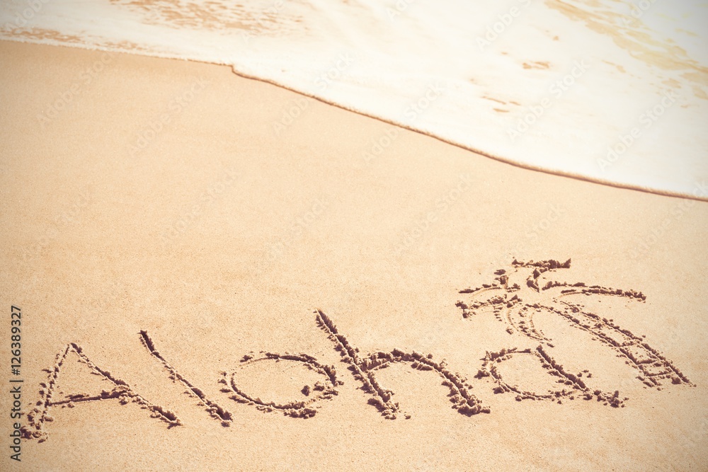 Aloha text written on sand with palm tree Aloha text written on sand with palm tree