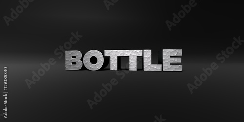 BOTTLE - hammered metal finish text on black studio - 3D rendered royalty free stock photo. This image can be used for an online website banner ad or a print postcard.