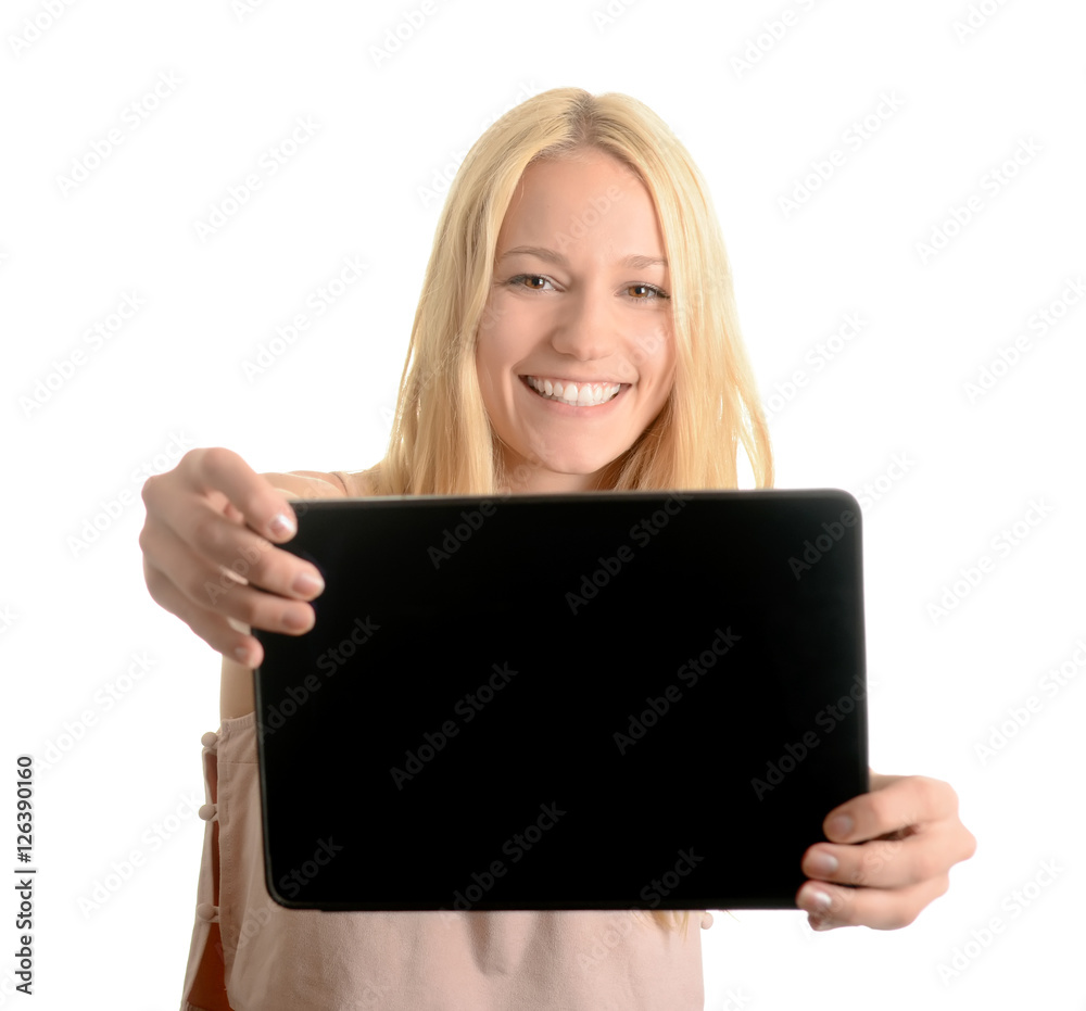 Junge blonde Frau präsentiert Digital Tablet, Tablet-PC Junge blonde Frau präsentiert Digital Tablet, Tablet-PC