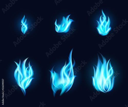 Blue fire vector set. Transparent blue flames collection on dark background.
