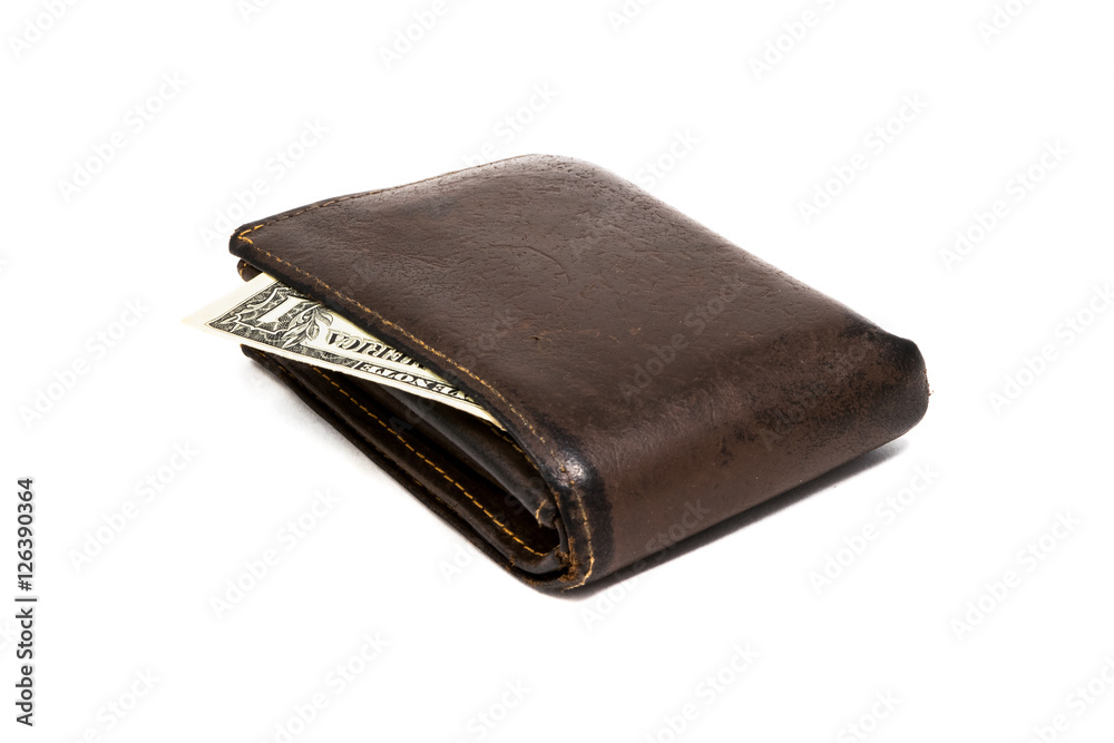 Old leather brown wallet with one dollar banknote isolated on white background Old leather brown wallet with one dollar banknote isolated on white background