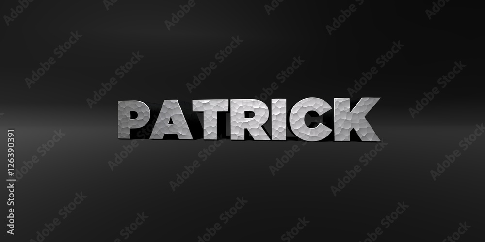 PATRICK - hammered metal finish text on black studio - 3D rendered royalty free stock photo. This image can be used for an online website banner ad or a print postcard.