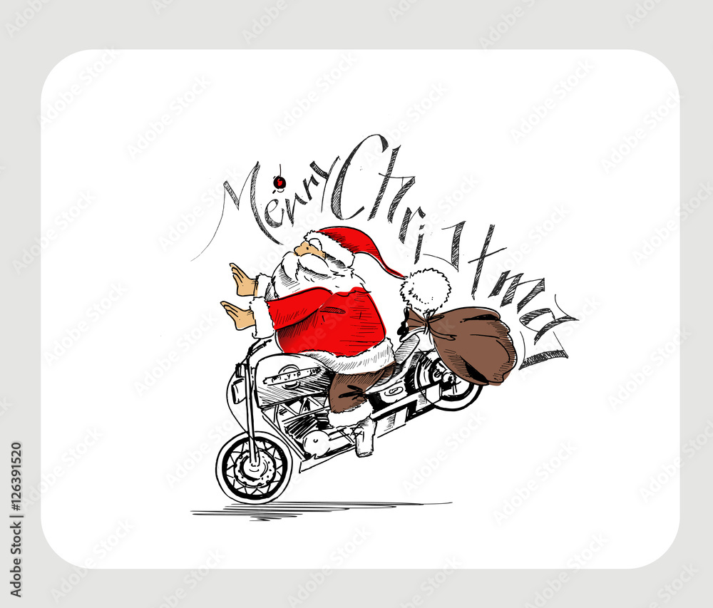 Santa claus on a motorcycle Merry Christmas! Christmas Background Stock