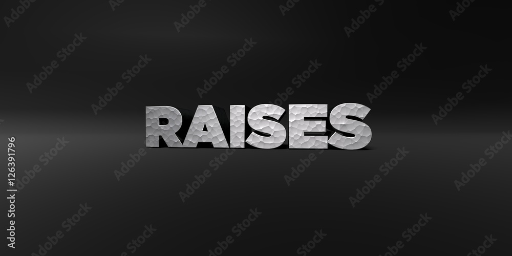 RAISES - hammered metal finish text on black studio - 3D rendered royalty free stock photo. This image can be used for an online website banner ad or a print postcard. RAISES - hammered metal finish text on black studio - 3D rendered royalty free stock photo. This image can be used for an online website banner ad or a print postcard.